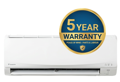 Daikin split-system air conditioner with a 5 year warranty badge