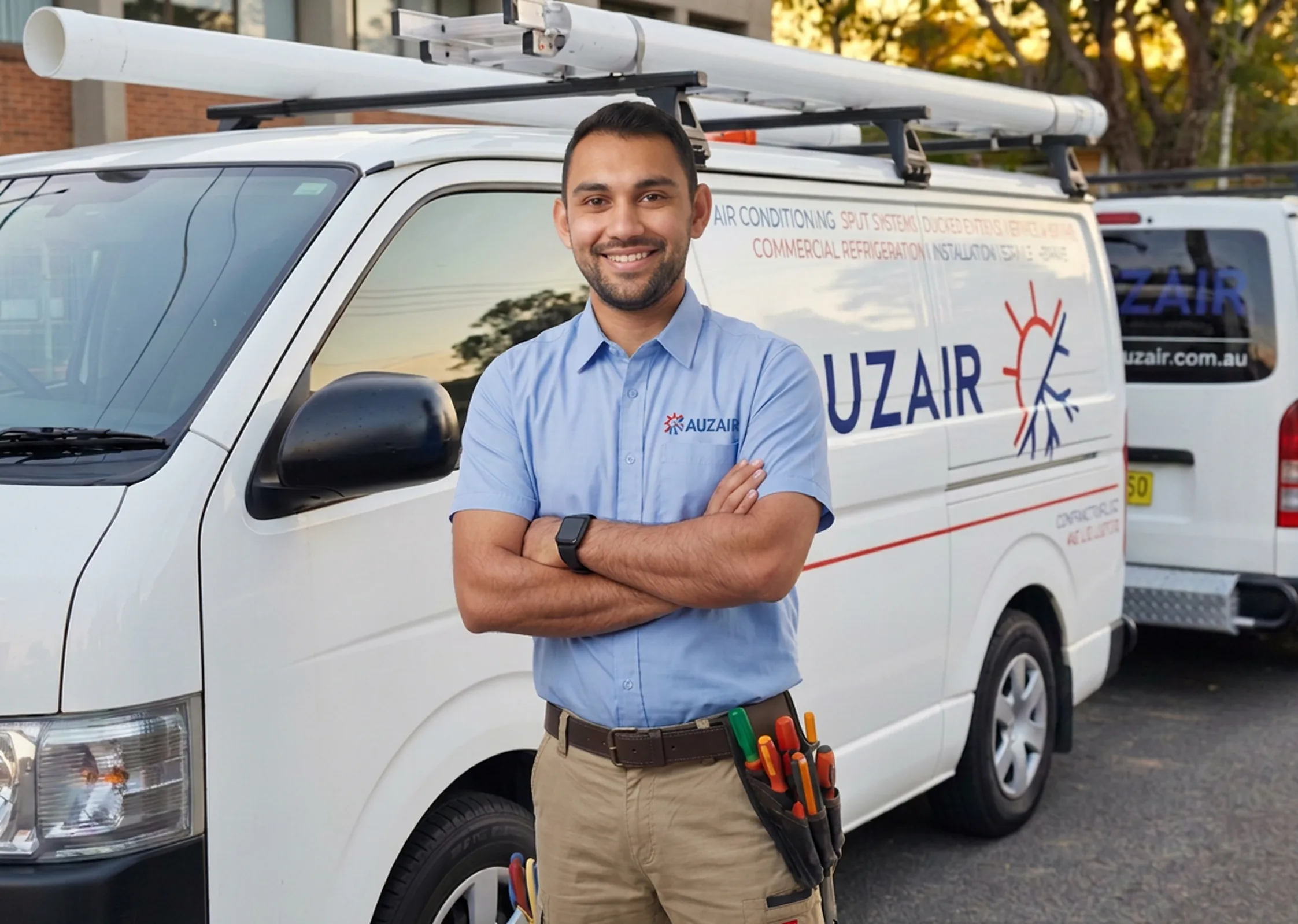 AuzAir technician standing in front of a branded AuzAir service van
